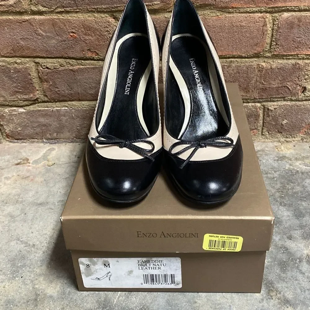 Enzo Angiolini Ea Heddie Black & Cream Leather Pumps Size 8